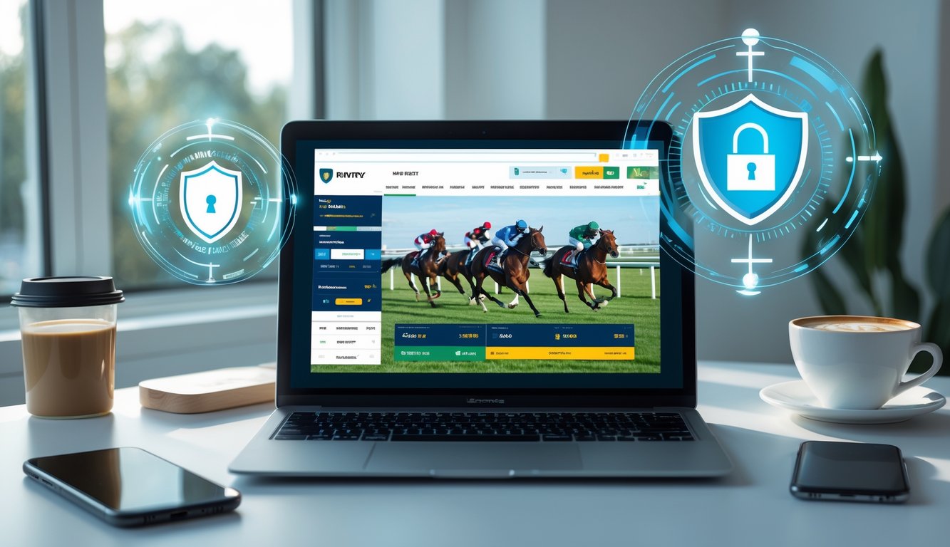 Seorang pengguna bekerja dengan laptop yang menampilkan situs taruhan balap kuda online, di meja terdapat kopi dan ponsel, suasana terang dan rapi.