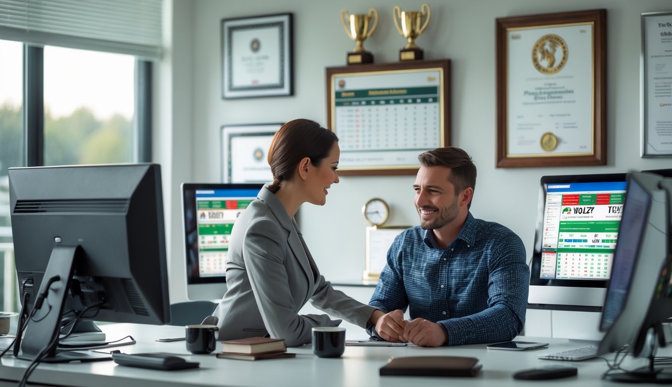 Seorang perwakilan layanan pelanggan membantu pemula di kantor agen balap kuda dengan layar komputer dan piala di latar belakang.