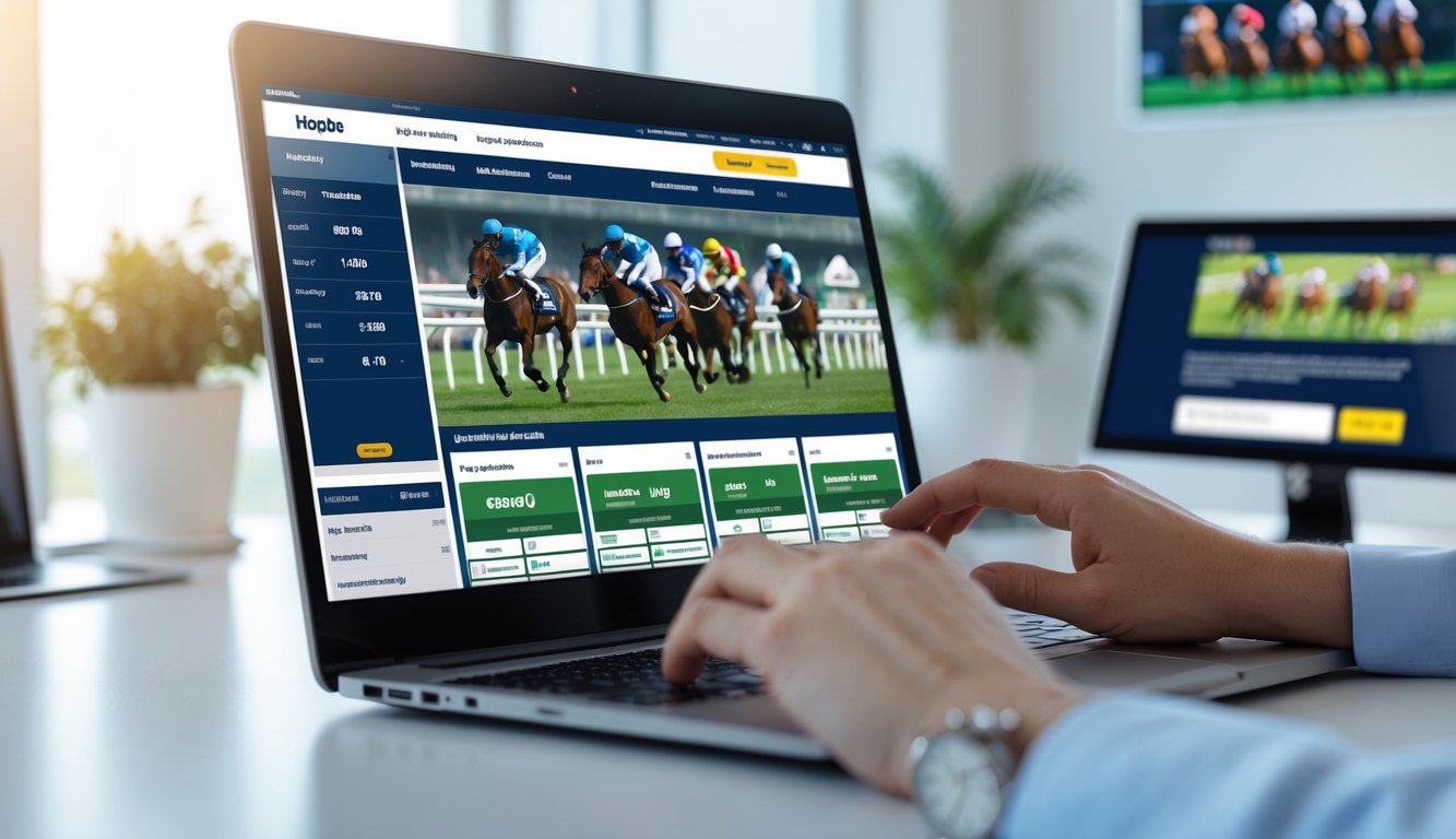 Seorang pengguna muda sedang menggunakan laptop dengan tampilan platform taruhan balap kuda resmi di ruang kerja yang rapi dan terang.