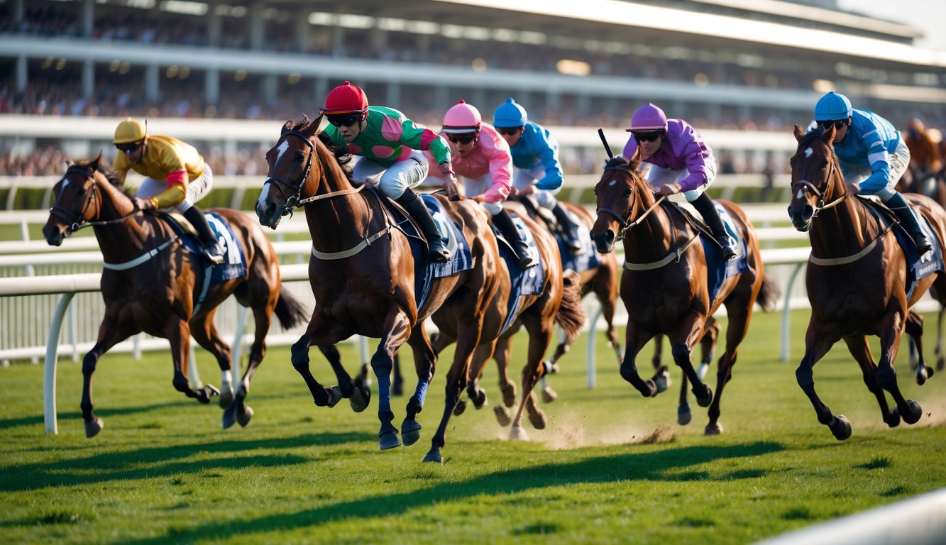 Beberapa kuda pacu sedang berlari cepat di lintasan balap dengan joki mengenakan seragam berwarna-warni, di depan penonton yang bersorak.