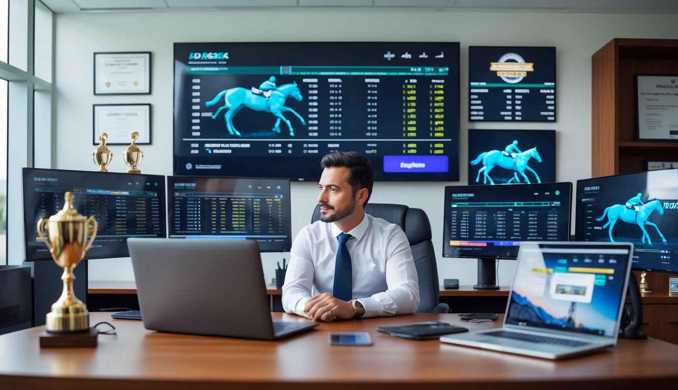 Seorang pria profesional di kantor modern melihat layar digital yang menampilkan statistik dan balapan kuda.