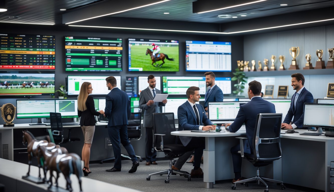 Kantor agen balap kuda dengan beberapa profesional yang sedang menganalisis data balap kuda di layar digital.