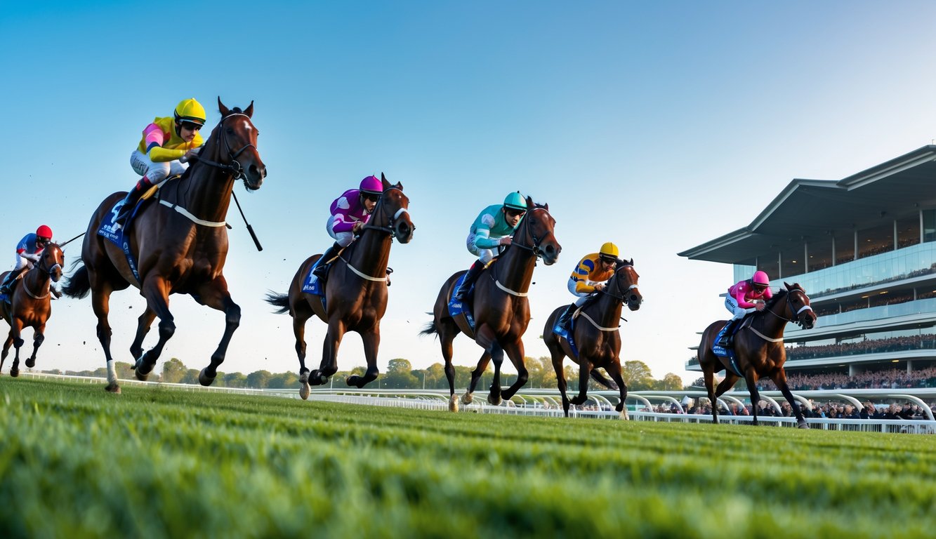 Beberapa kuda pacu dengan joki sedang berlari cepat di lintasan balap dengan tribun penonton di latar belakang.