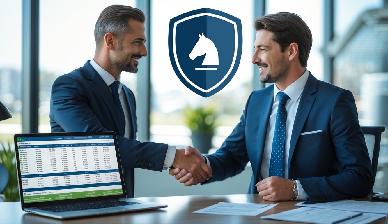 Dua orang profesional berjabat tangan di kantor modern dengan simbol keamanan dan data balap kuda di latar belakang.