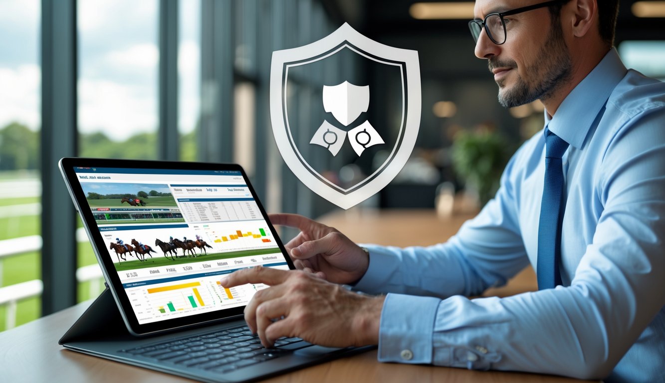 Seseorang sedang memeriksa data balap kuda di tablet di kantor modern dengan latar belakang lintasan pacuan kuda.