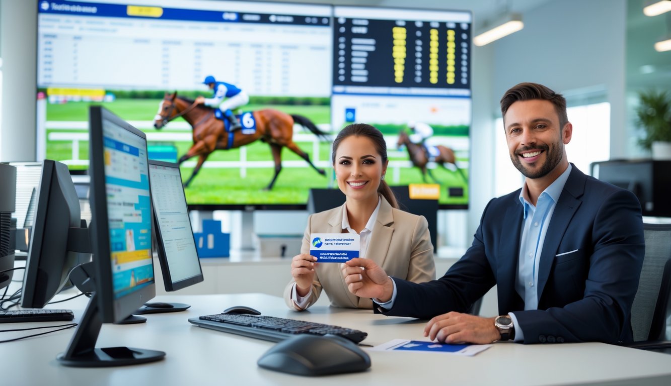 Seorang agen balap kuda profesional sedang berbicara dengan klien di kantor modern dengan layar yang menampilkan data balap kuda.