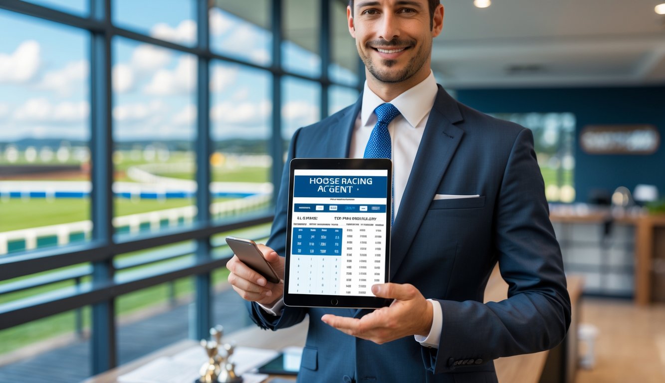 Seorang agen balap kuda resmi berdiri di kantor modern dengan pemandangan lintasan balap kuda di latar belakang, memegang perangkat digital yang menampilkan data taruhan.