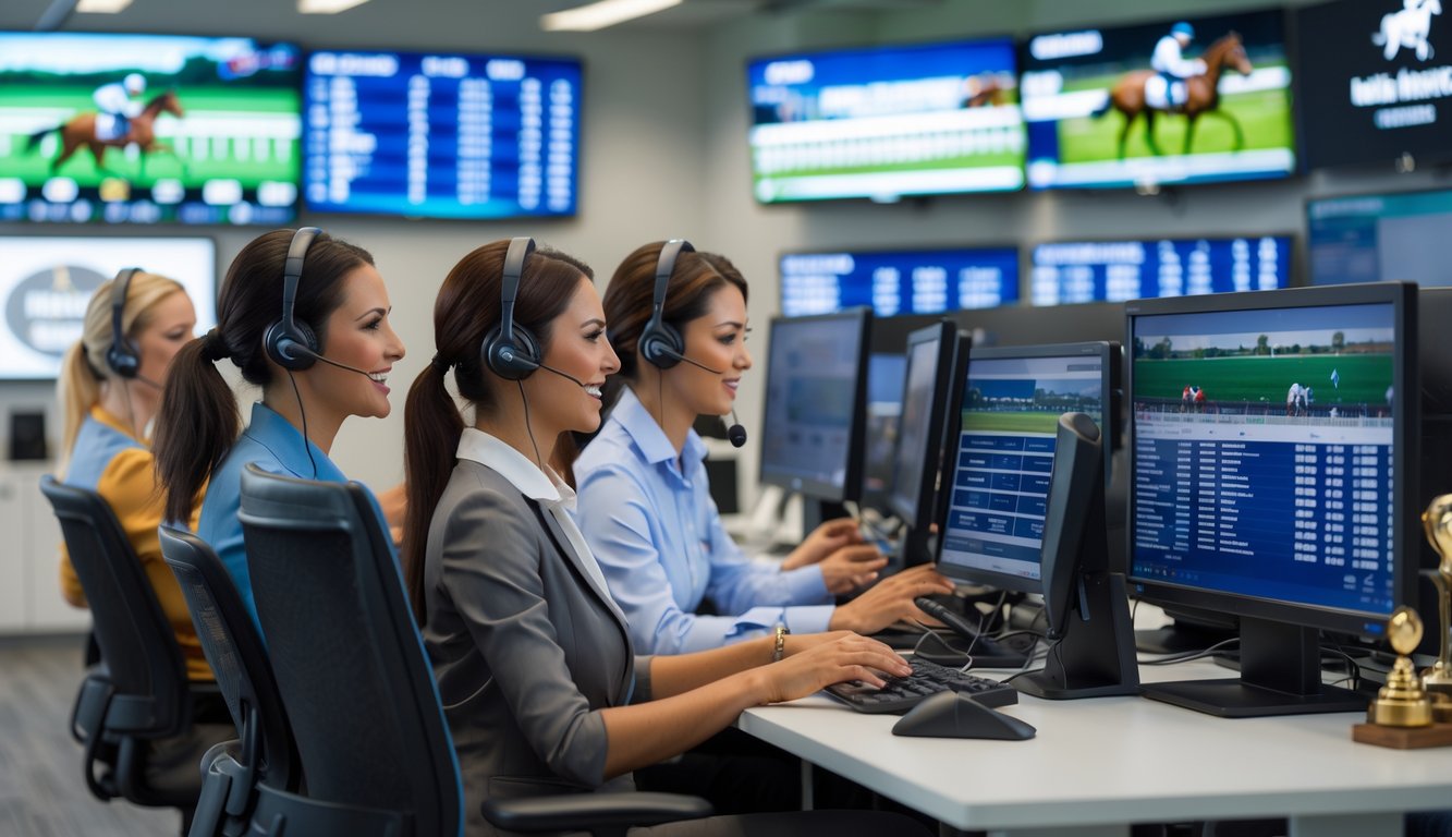 Seorang tim layanan pelanggan sedang bekerja di pusat layanan agen balap kuda dengan layar digital menampilkan data balapan kuda di latar belakang.
