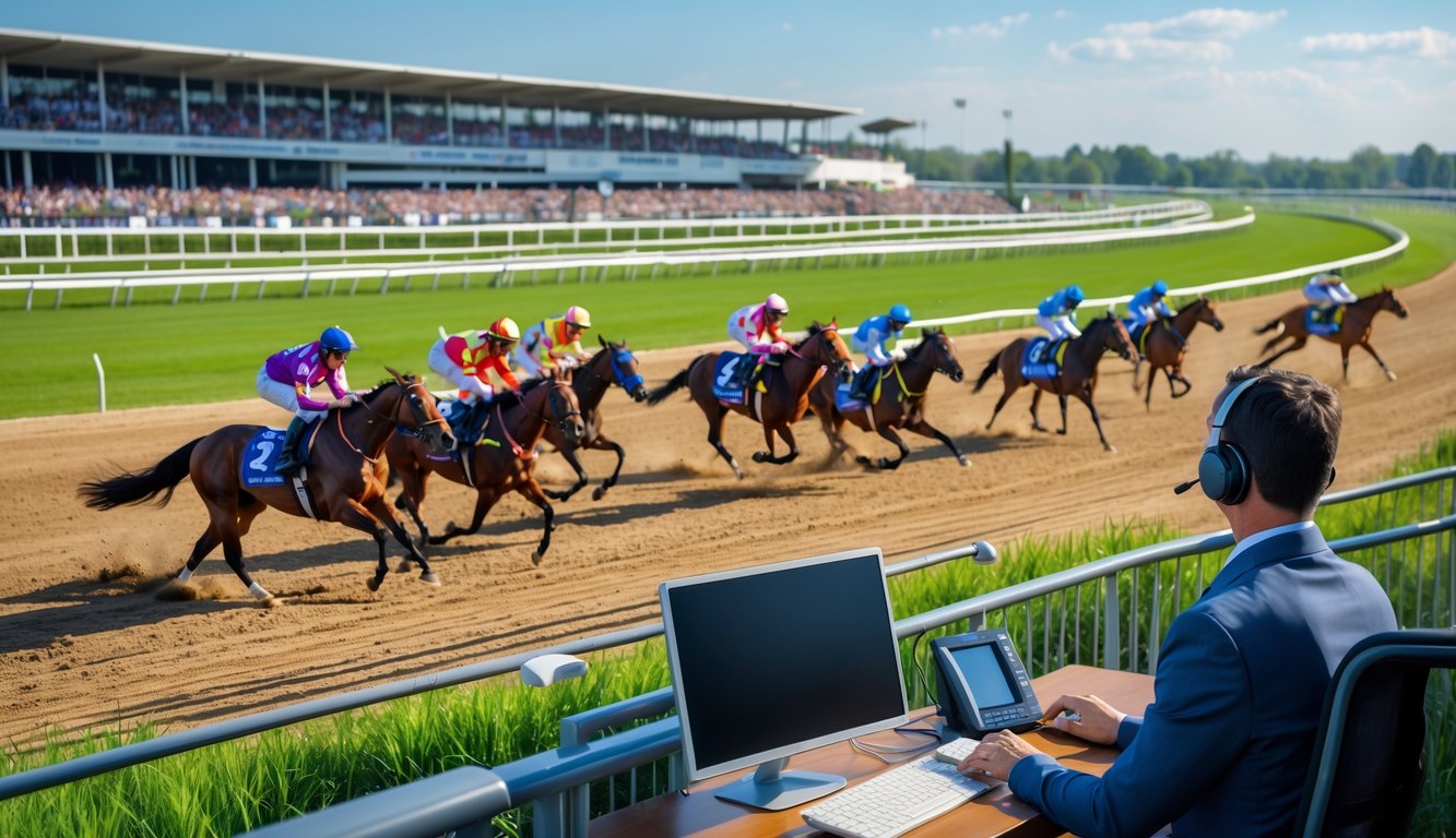 Adegan balap kuda dengan joki yang sedang berlomba di lintasan dan seorang petugas layanan pelanggan yang sedang membantu melalui komputer.
