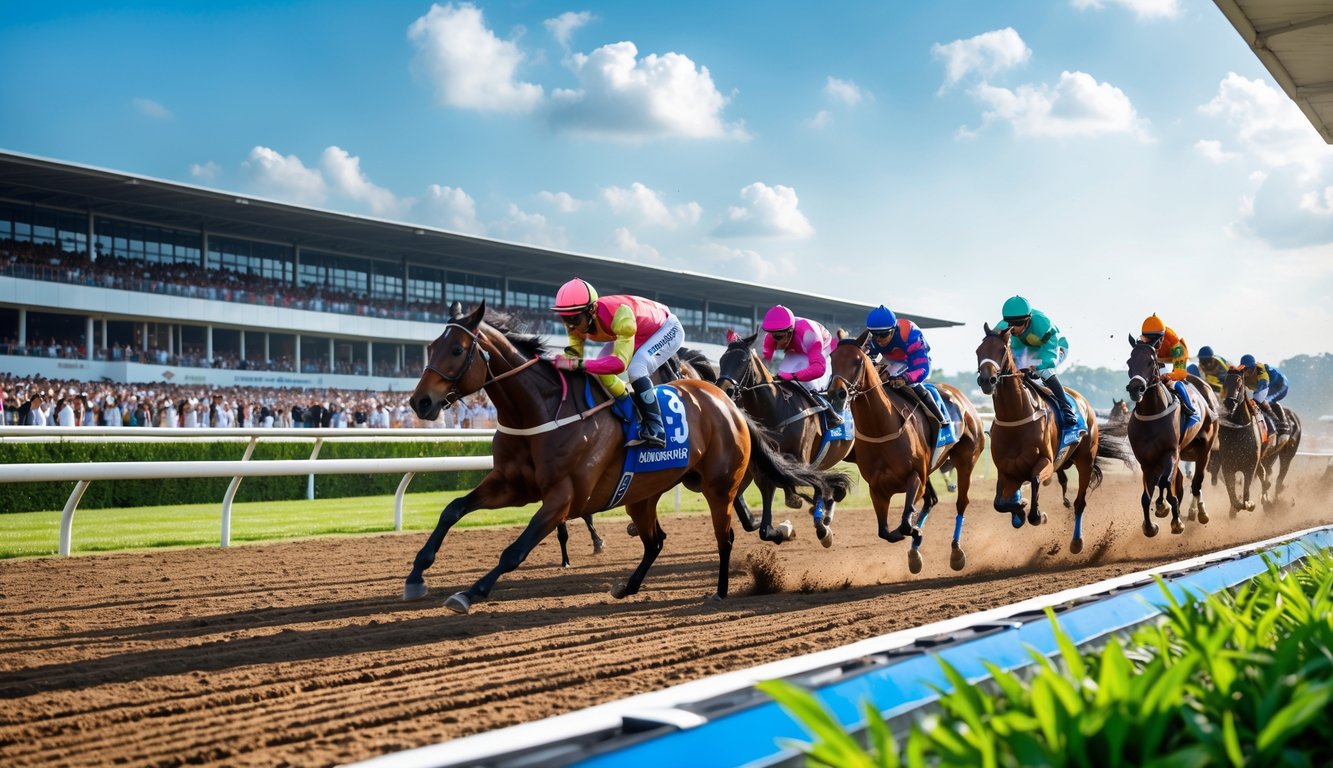 Balapan kuda dengan beberapa joki sedang berlomba di lintasan dengan penonton di tribun di latar belakang.
