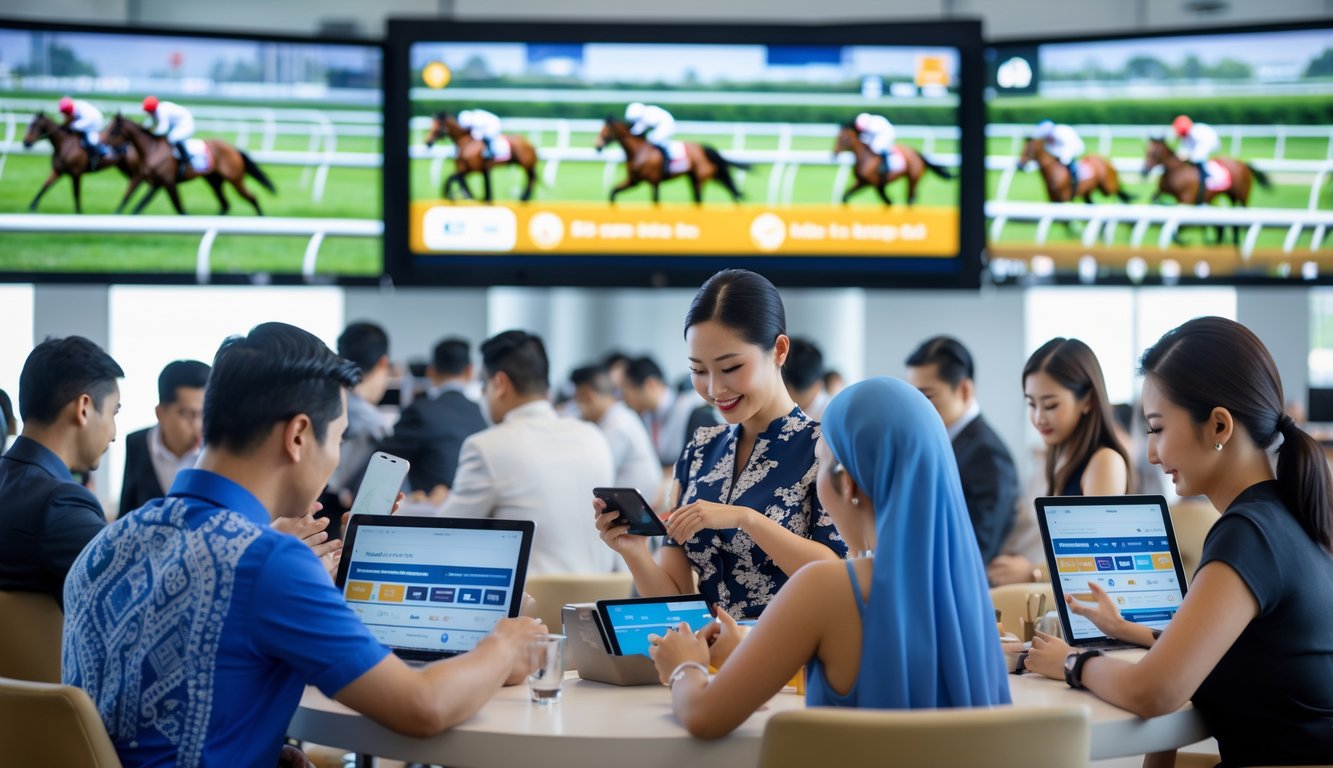 Orang-orang menggunakan perangkat digital untuk memasang taruhan balap kuda dengan layar besar menampilkan balapan kuda di latar belakang.