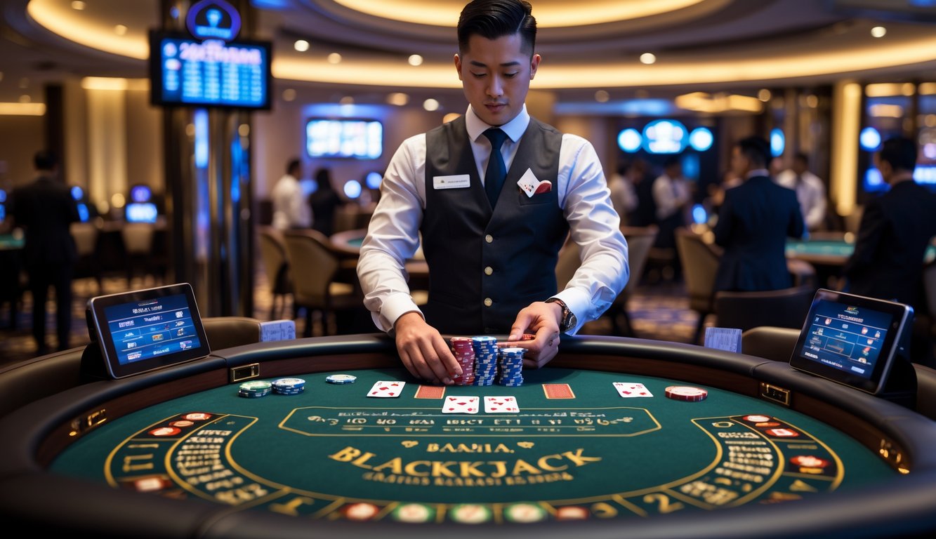 Seorang dealer sedang membagikan kartu di meja blackjack dengan beberapa pemain yang memperhatikan dalam suasana kasino yang elegan.