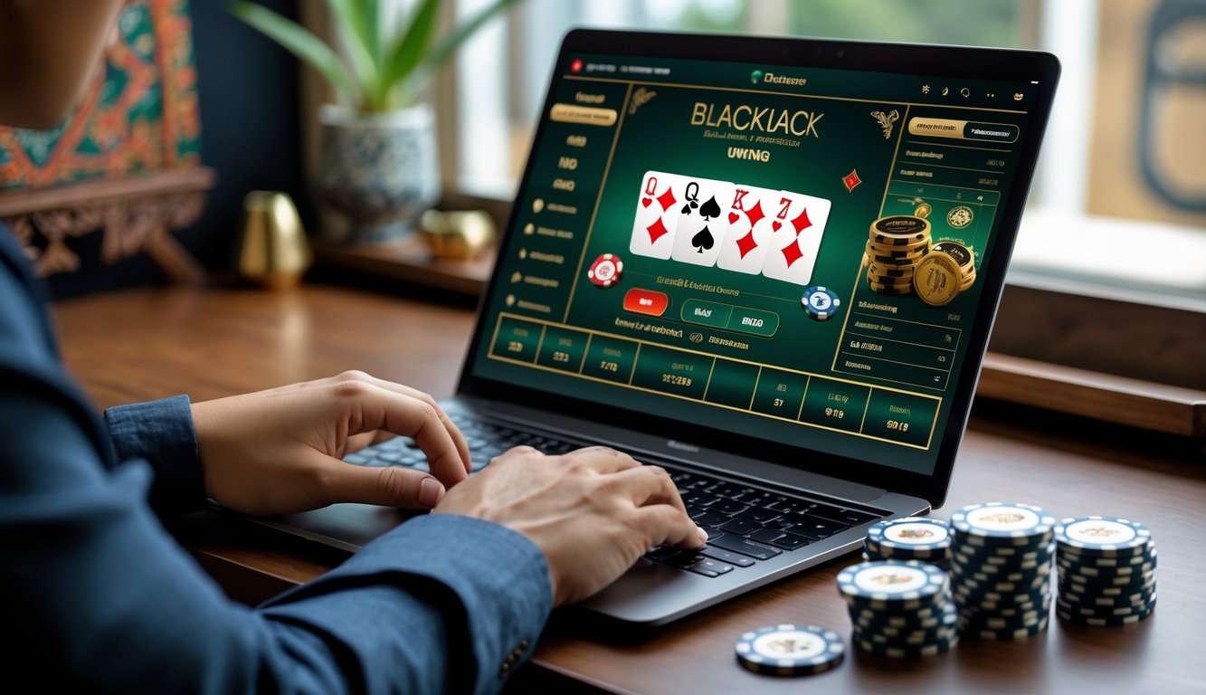 Seorang pemain sedang bermain blackjack online dengan kartu dan chip di depan laptop dalam ruangan yang nyaman.