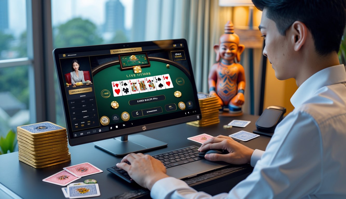Seorang pemain fokus menggunakan komputer dengan permainan blackjack online yang terlihat di layar, di meja yang rapi dengan beberapa chip dan kartu, serta hiasan kecil bergaya Indonesia di latar belakang.