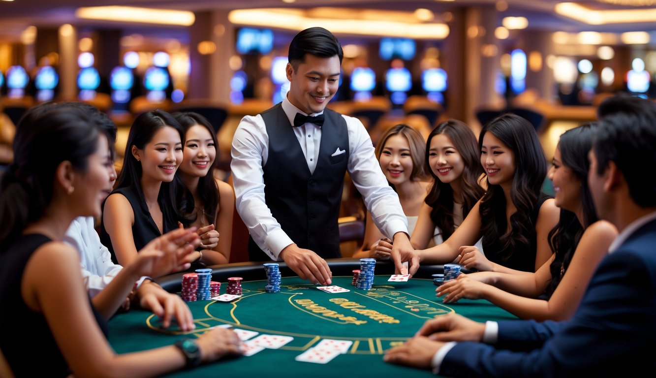 Seorang dealer yang rapi melayani pemain di meja blackjack di dalam kasino yang ramai dan elegan.