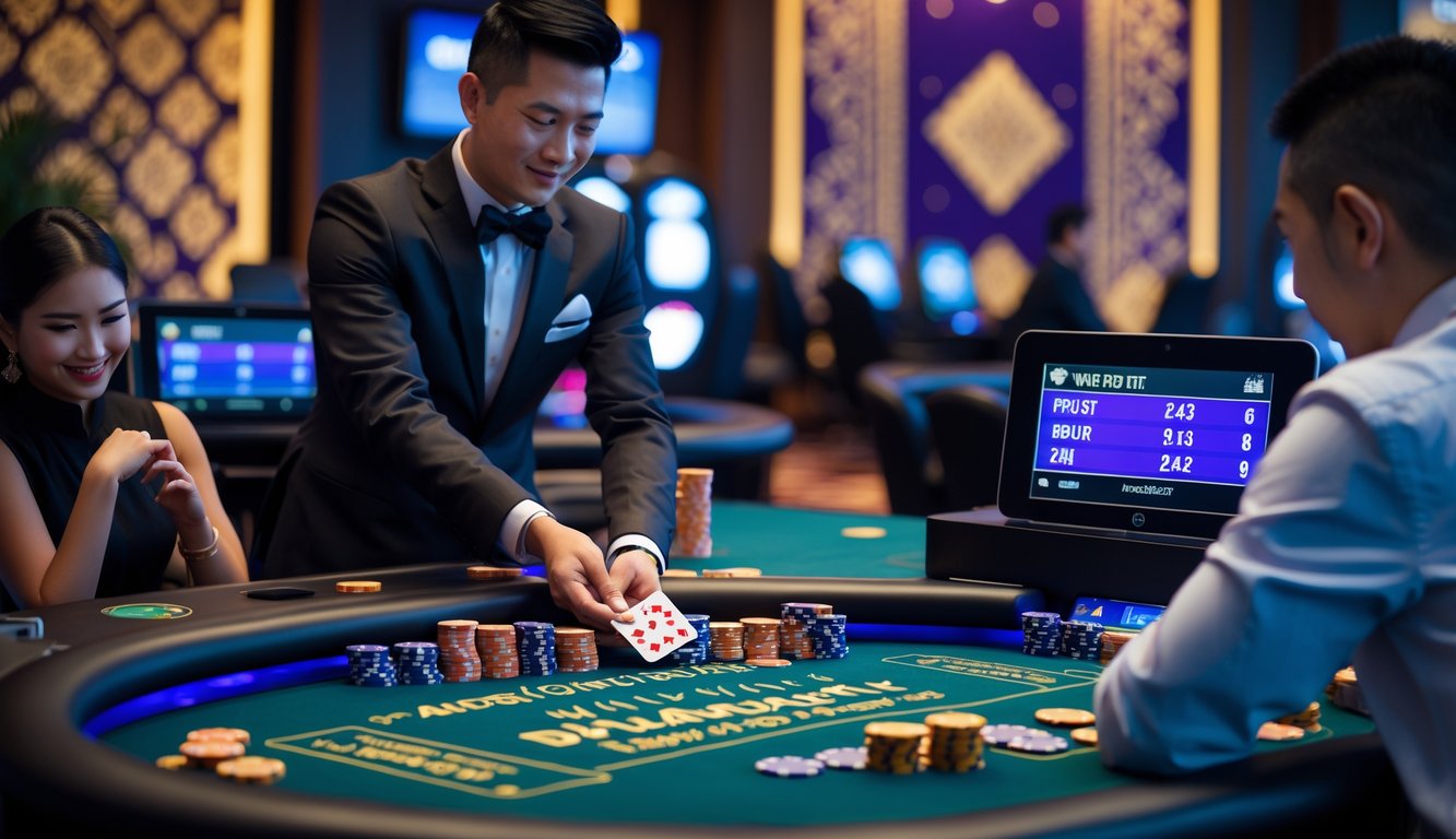 Meja kasino live blackjack dengan dealer dan pemain yang sedang bermain di suasana kasino modern di Indonesia.