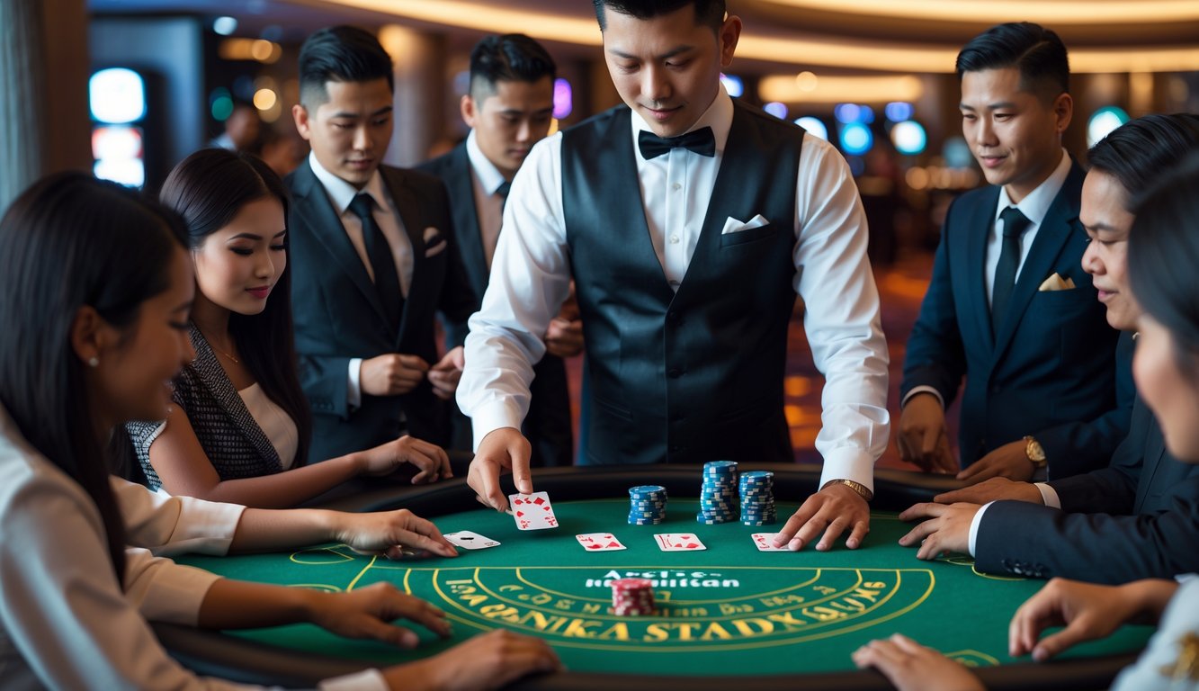 Seorang dealer dan beberapa pemain sedang bermain blackjack secara langsung di meja kasino dengan suasana yang serius dan fokus.