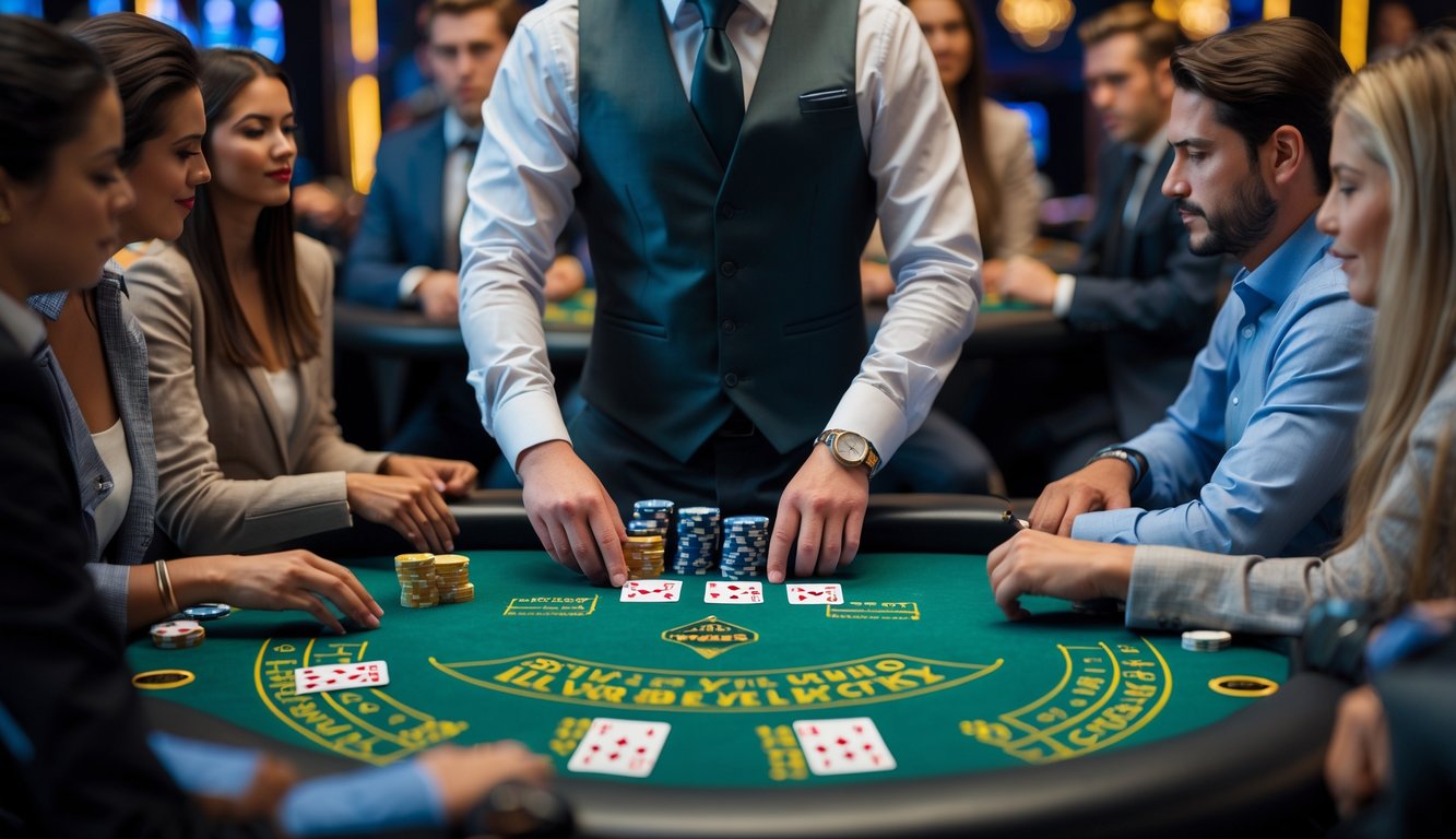 Seorang dealer membagikan kartu blackjack di meja hijau dengan beberapa pemain yang fokus bermain di kasino.