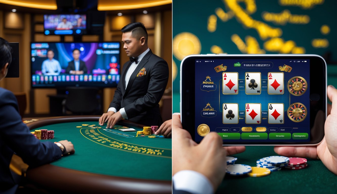Gambaran dua sisi permainan blackjack, satu dengan dealer langsung di kasino dan satu dengan permainan blackjack digital di layar perangkat, dengan elemen budaya Indonesia di latar belakang.