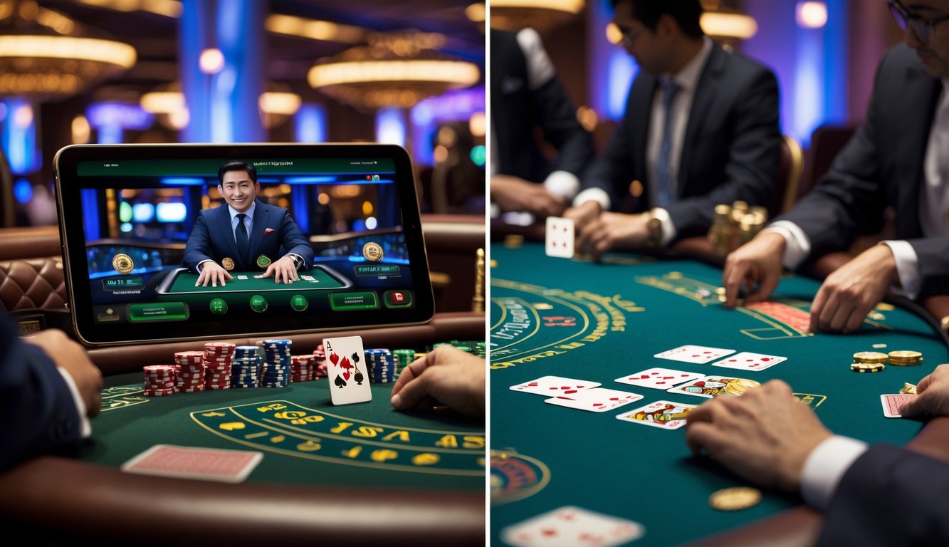 Suasana kasino dengan meja blackjack di mana seorang dealer langsung berinteraksi melalui layar digital dan pemain lain bermain blackjack secara tradisional dengan kartu dan chip.