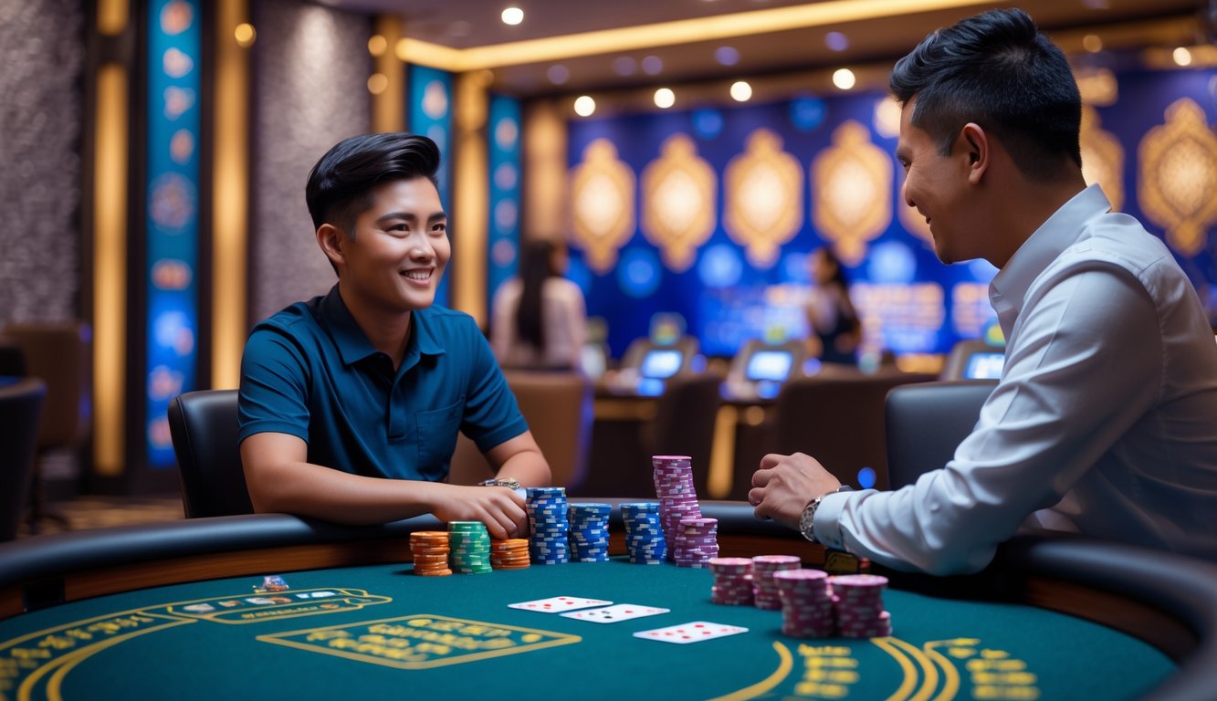 Seorang pemain muda di meja blackjack dengan dealer, suasana kasino modern dengan elemen budaya Indonesia, tumpukan chip kecil terlihat di meja.