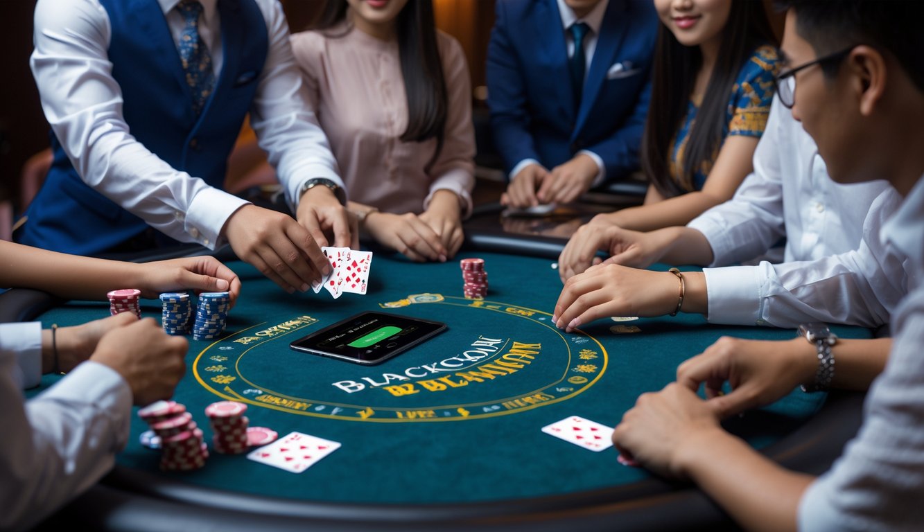 Sekelompok orang muda Indonesia sedang bermain blackjack langsung di meja kasino dengan chip taruhan kecil dan perangkat digital.