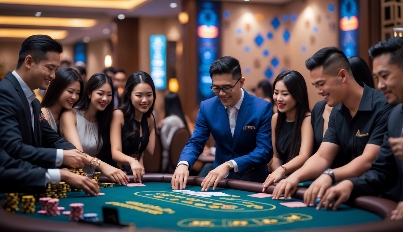 Meja blackjack dengan pemain dan dealer sedang bermain di kasino dengan nuansa Indonesia.