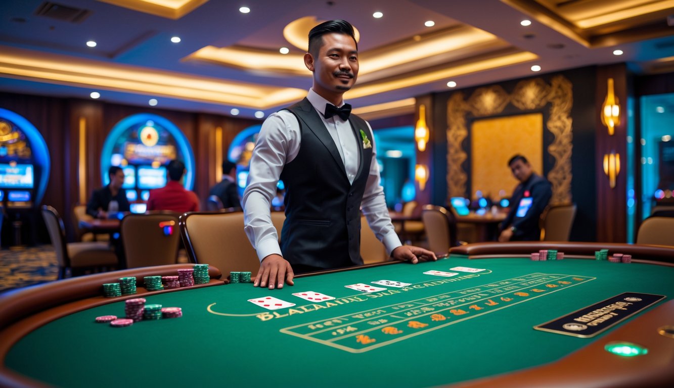 Suasana permainan live blackjack di kasino dengan dealer dan pemain yang fokus di meja hijau, latar belakang terdapat dekorasi dengan motif batik.