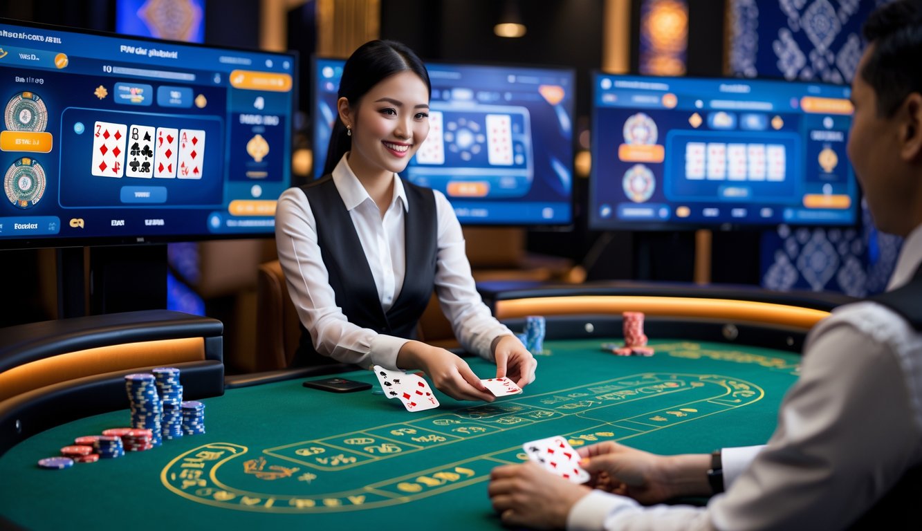 Seorang dealer wanita sedang membagikan kartu di meja blackjack dengan layar komputer menampilkan permainan blackjack online.
