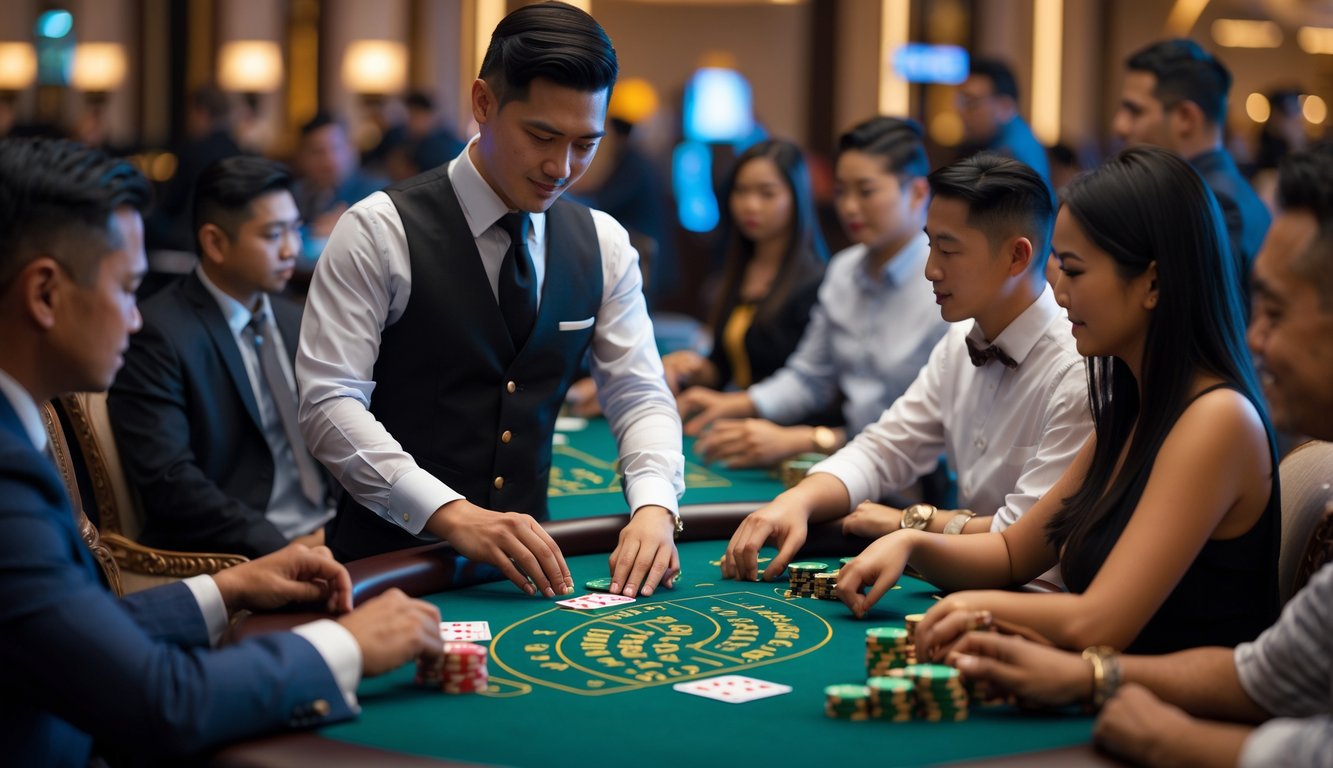 Seorang dealer membagikan kartu di meja blackjack dengan beberapa pemain yang fokus bermain di kasino.
