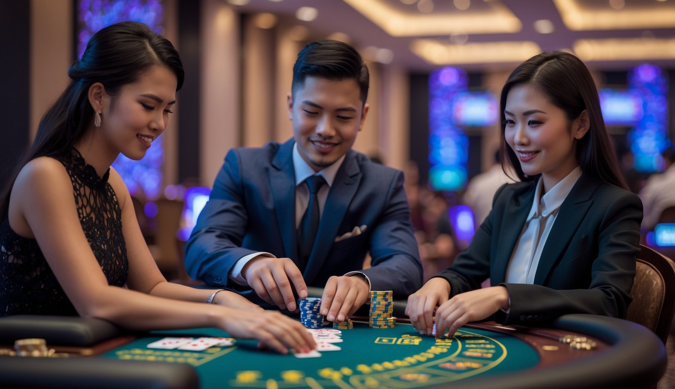 Dua pemain sedang bermain blackjack langsung dengan dealer di meja kasino di Indonesia.
