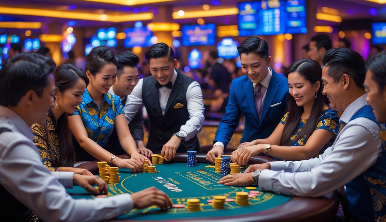 Suasana meja blackjack langsung di kasino dengan pemain dan dealer sedang bermain, menampilkan suasana ramai dan penuh semangat.
