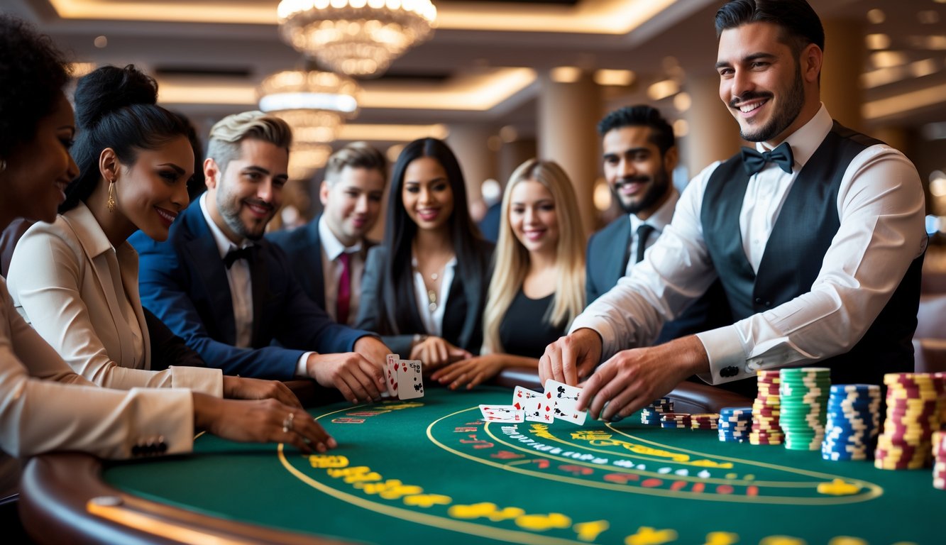 Beberapa pemain duduk di meja blackjack di kasino dengan dealer yang membagikan kartu.