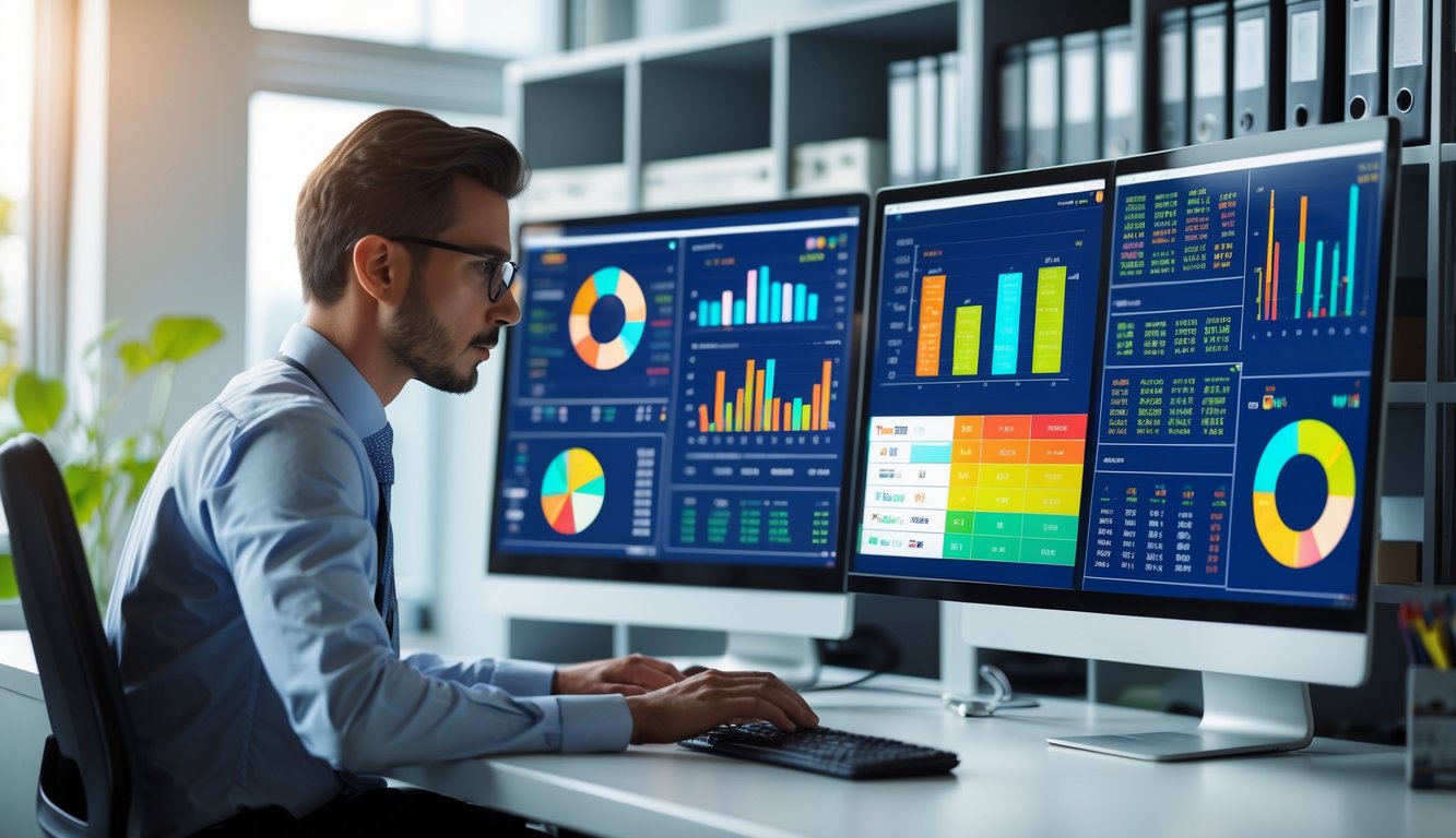 Seorang analis data sedang bekerja di depan komputer dengan beberapa layar menampilkan grafik dan data statistik di sebuah kantor modern.