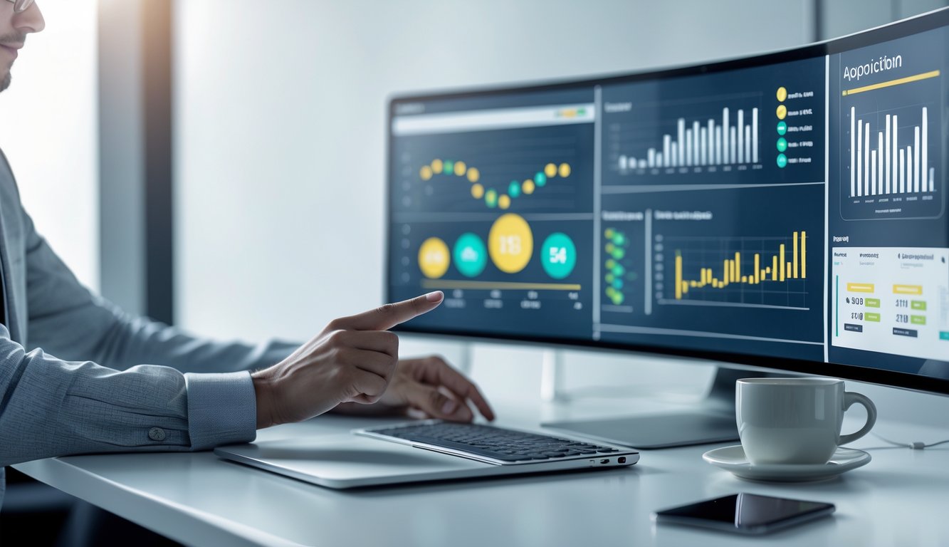 Seorang profesional sedang menganalisis data pada beberapa layar komputer di ruang kerja modern.