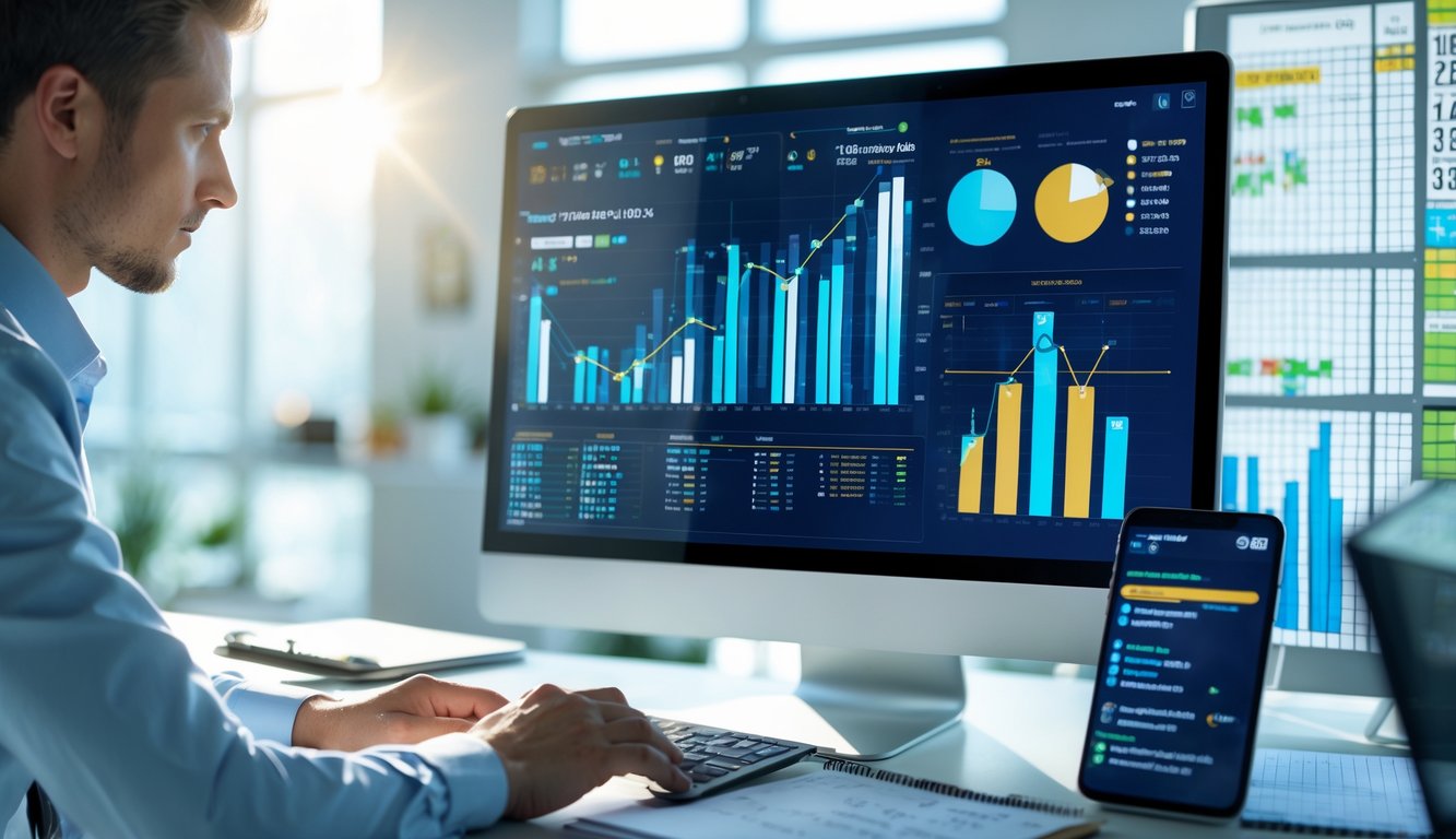 Seorang profesional sedang menganalisis data angka pada komputer di lingkungan kantor modern.