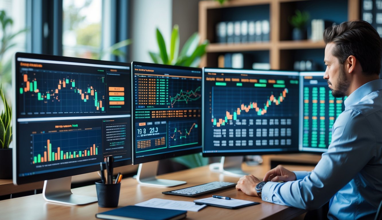 Seorang pria di meja kerja dengan beberapa layar komputer menampilkan grafik dan data angka, sedang menganalisis informasi dengan serius.