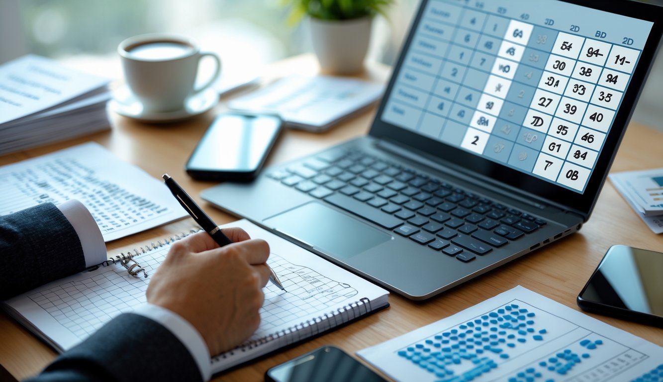 Meja kerja modern dengan laptop, catatan, dan tangan yang memegang pena, menunjukkan suasana fokus pada prediksi angka togel.