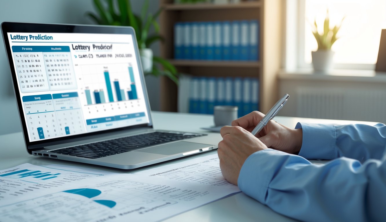 Meja kerja dengan laptop dan kertas berisi data angka, tangan memegang pena siap mencatat, suasana tenang dan fokus.