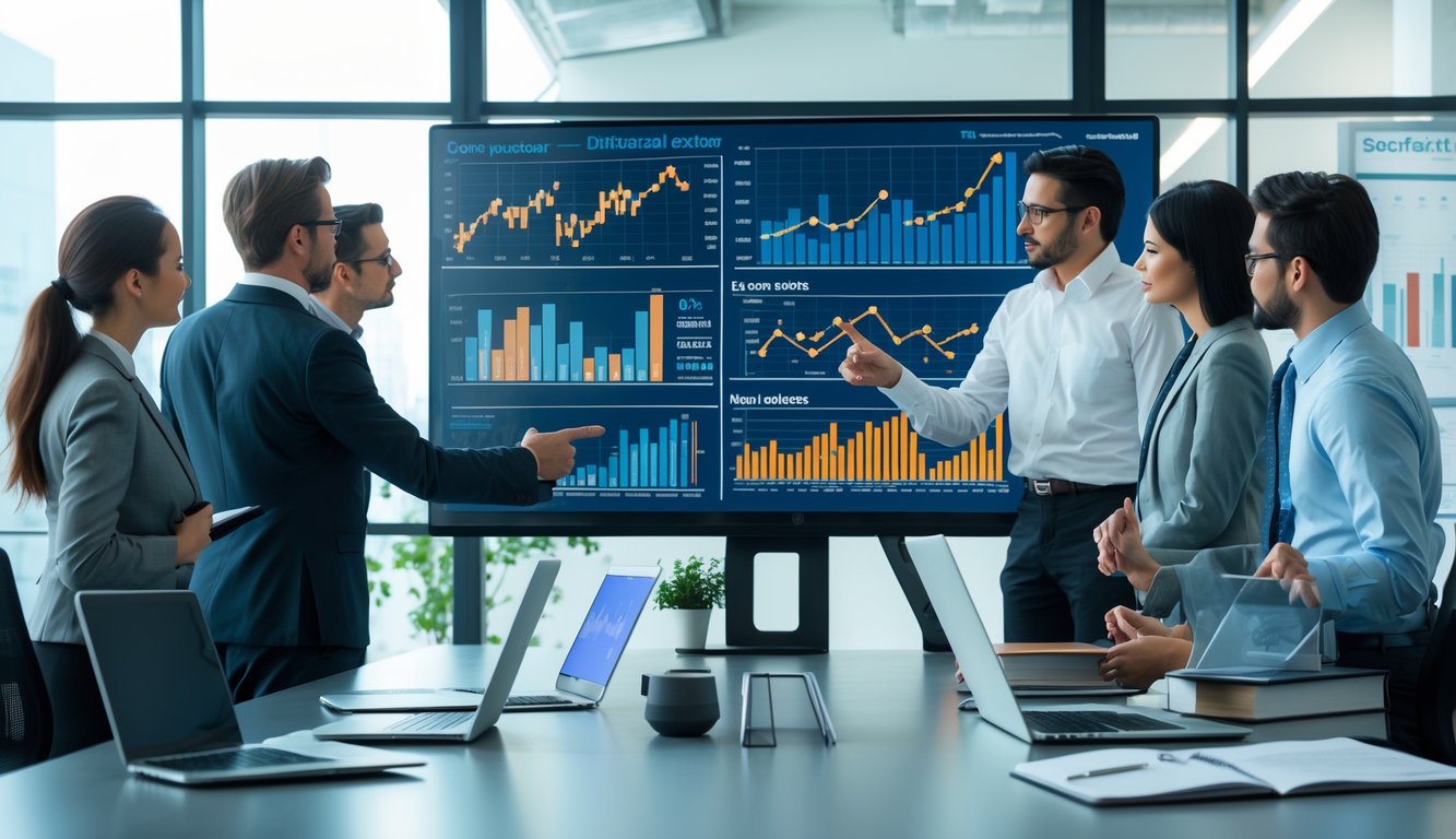 Sekelompok profesional bisnis sedang berdiskusi di ruang konferensi dengan layar digital yang menampilkan grafik dan data statistik.