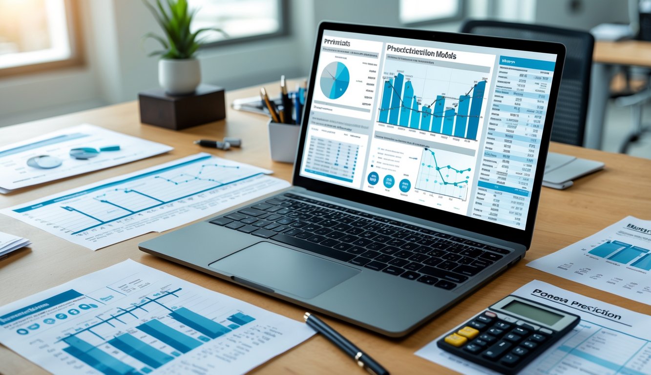 Meja kerja modern dengan laptop yang menampilkan grafik statistik, kertas berisi data dan rumus, serta alat tulis di lingkungan kantor yang rapi.