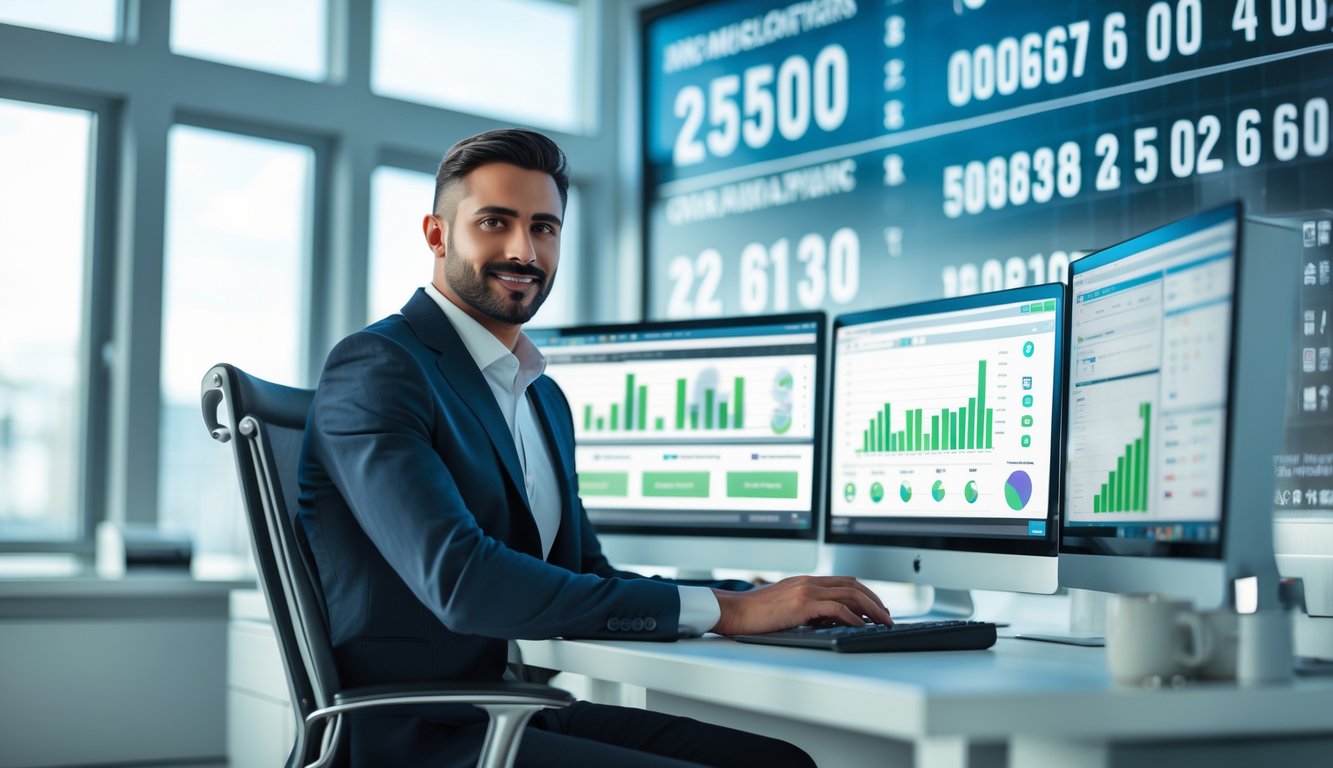 Seorang profesional di kantor modern sedang menganalisis data pada beberapa layar komputer dengan grafik dan angka.