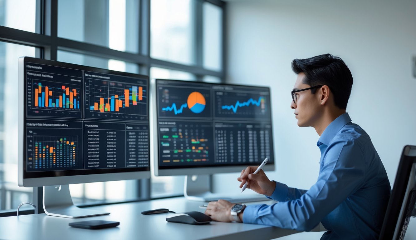Seorang profesional sedang menganalisis data di depan beberapa layar komputer dengan grafik dan angka di sebuah ruang kerja modern.