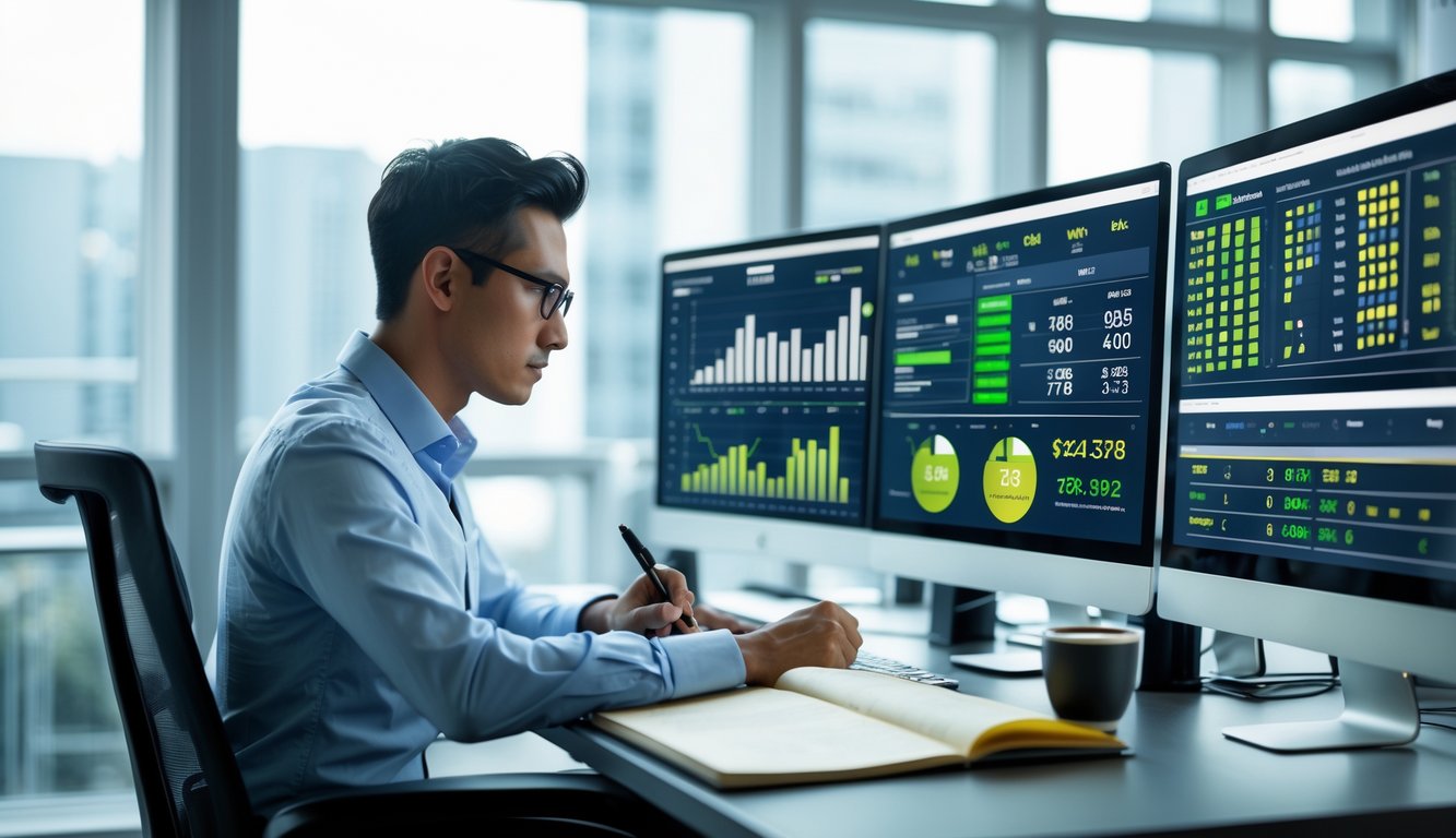 Seorang analis data sedang bekerja di meja kantor dengan beberapa layar komputer yang menampilkan grafik dan data angka.