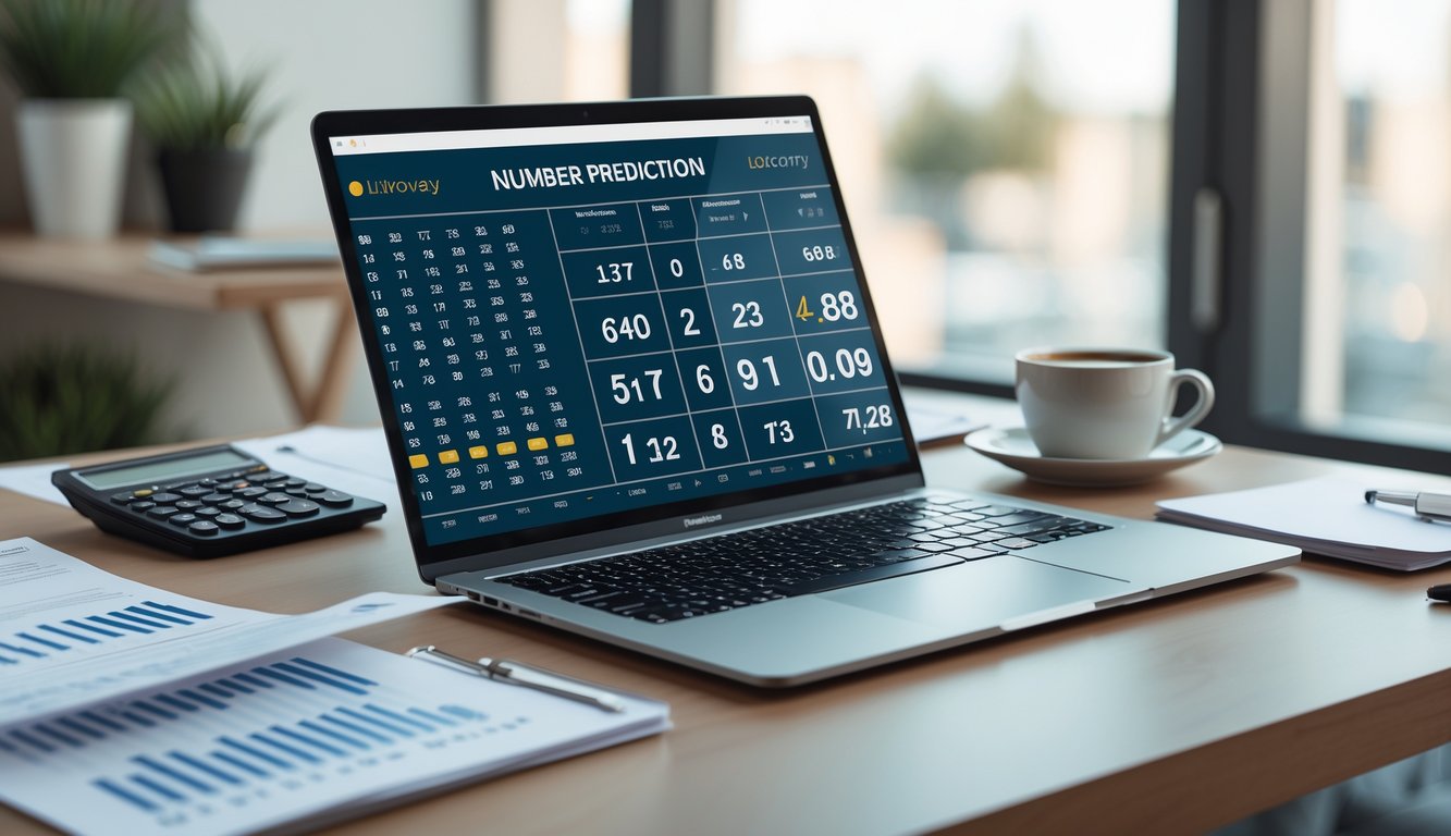 Meja kerja dengan laptop menampilkan data angka dan grafik, dokumen tertata rapi, kalkulator, dan secangkir kopi di dekat jendela dengan cahaya alami.