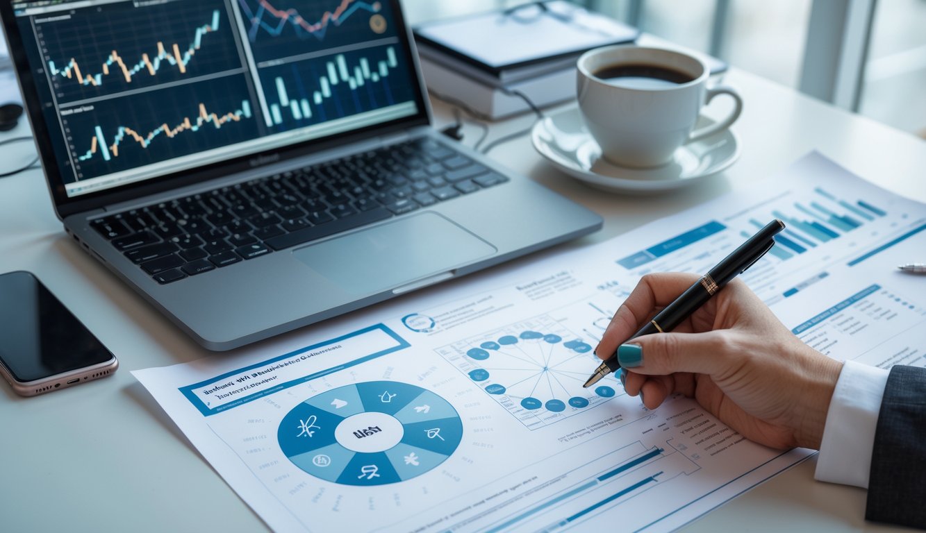 Sebuah meja kerja dengan laptop yang menampilkan grafik dan pola, tangan seseorang menunjuk ke data, dan beberapa alat tulis di sekitarnya.