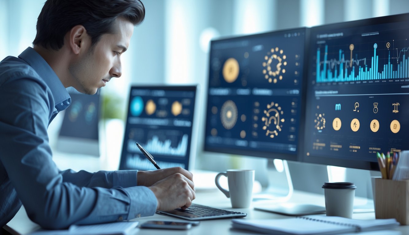 Seorang pria sedang menganalisis data di meja kerja dengan layar komputer yang menampilkan grafik dan simbol zodiak.