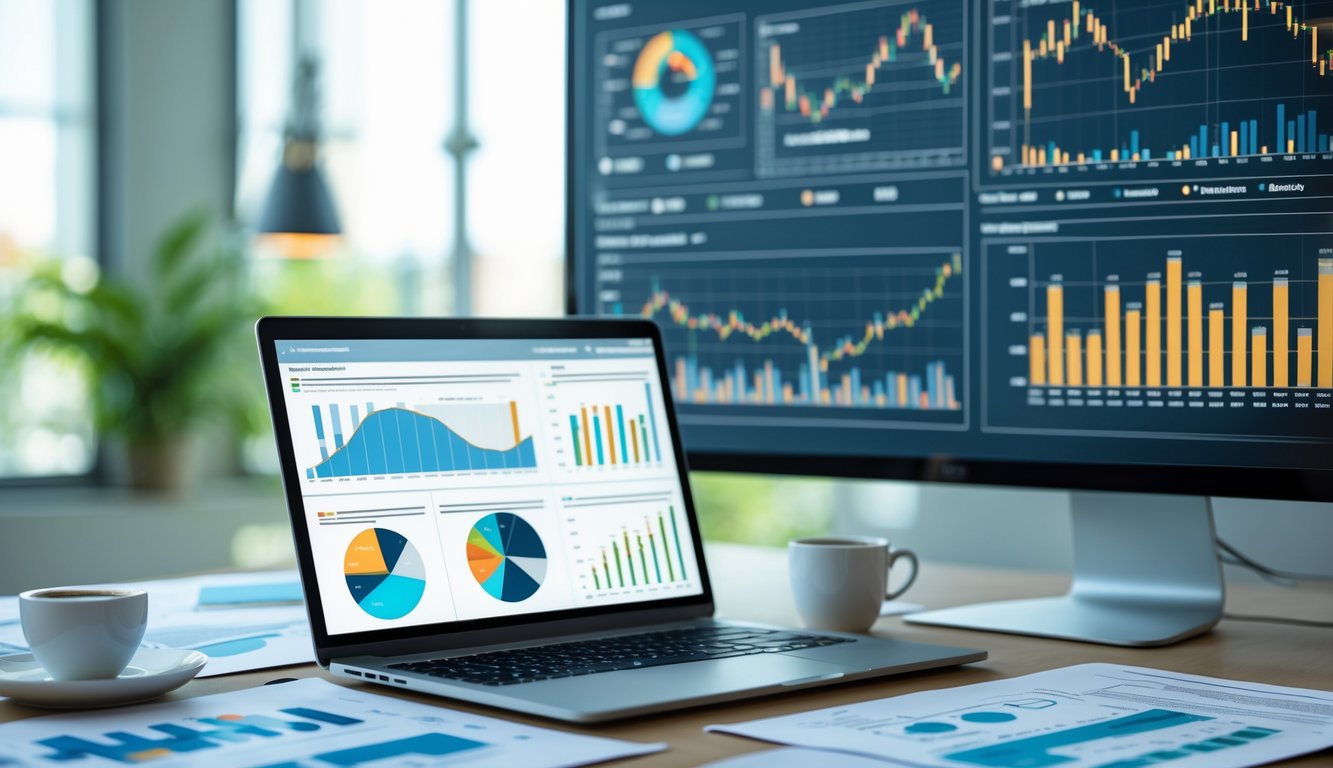 Seorang profesional bekerja di meja dengan laptop yang menampilkan grafik dan data, dikelilingi oleh laporan cetak dan layar besar yang menunjukkan dasbor data.