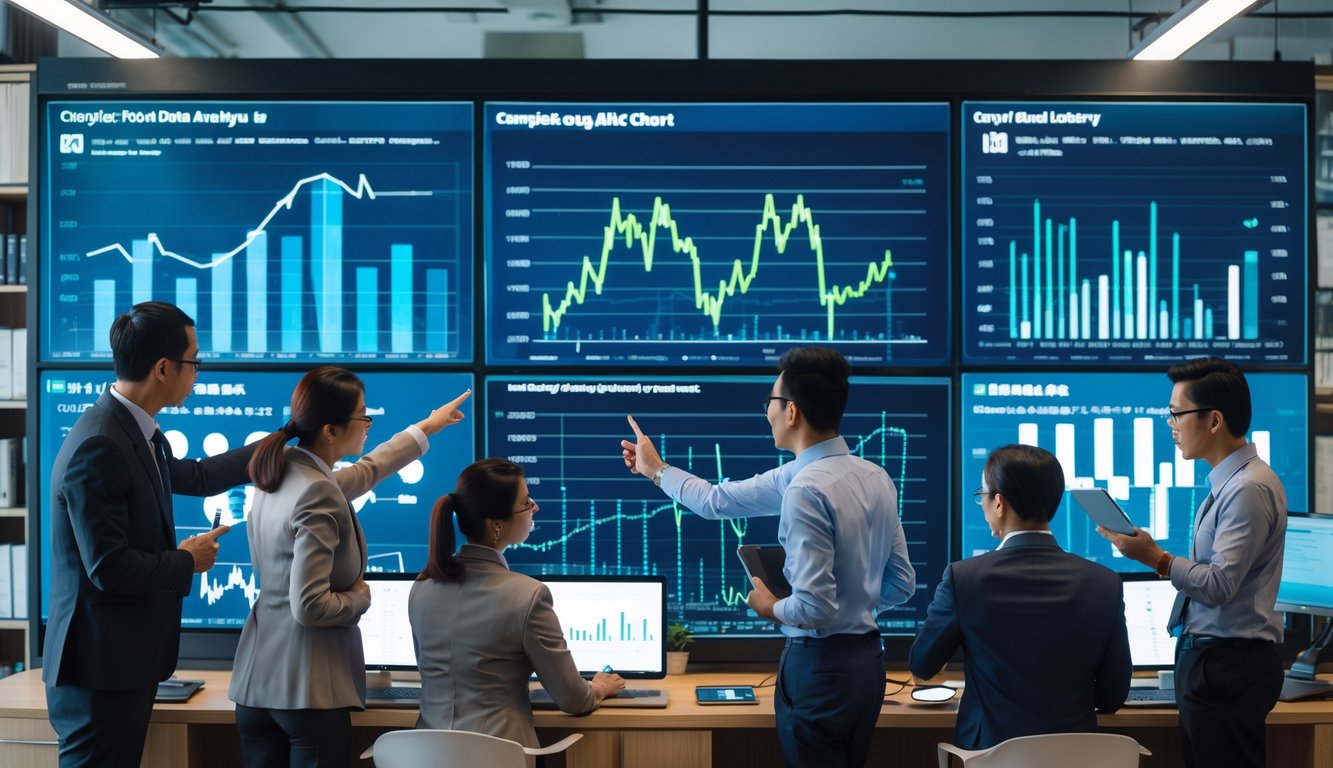 Sekelompok profesional sedang menganalisis data pada layar digital di kantor modern.