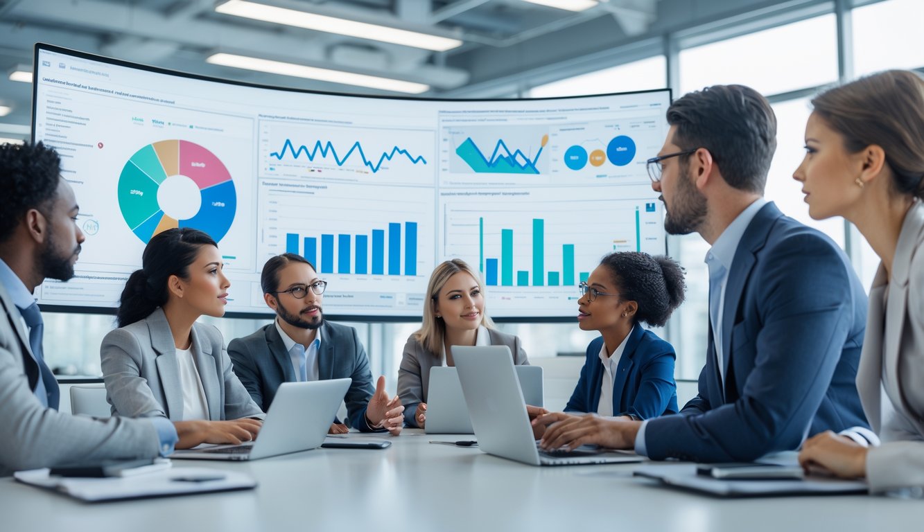 Sekelompok profesional bisnis sedang berdiskusi di ruang kantor modern dengan layar digital menampilkan grafik dan data.